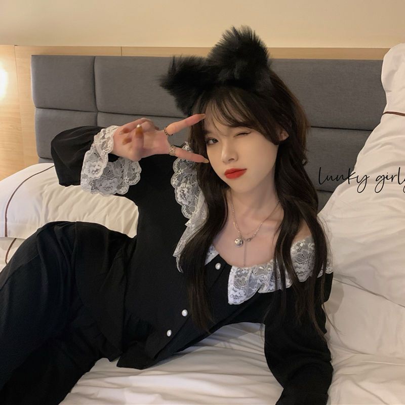 Bộ Đồ Ngủ Màu Sắc Ngọt Ngào Phối Ren Thoải Mái Phong Cách Pháp Thời Trang Cho Nữ