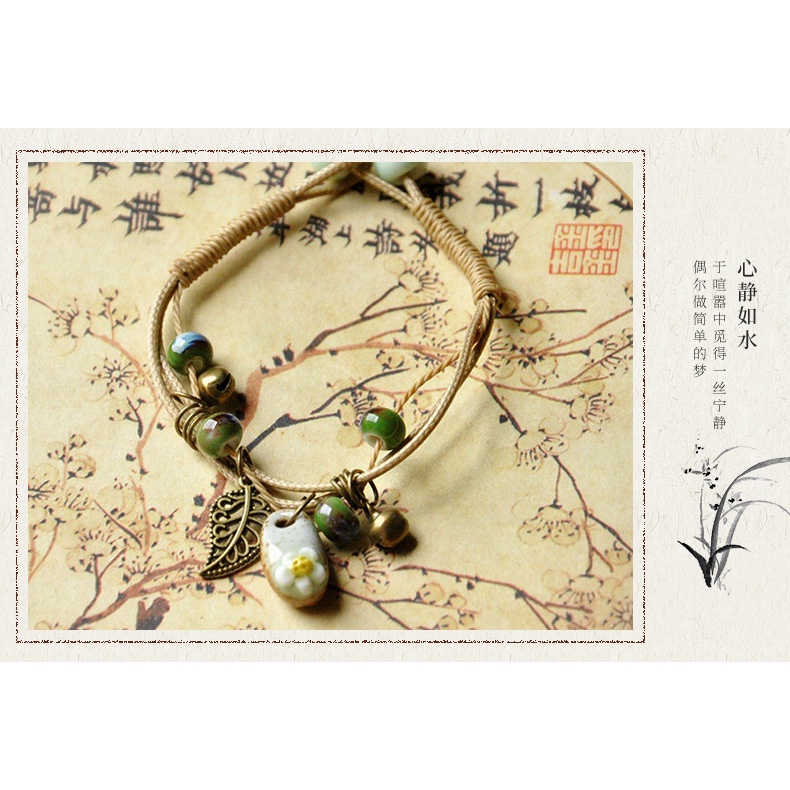 Vòng Tay Bện Dây Đính Hạt Sứ / Hoa Lá Dễ Thương