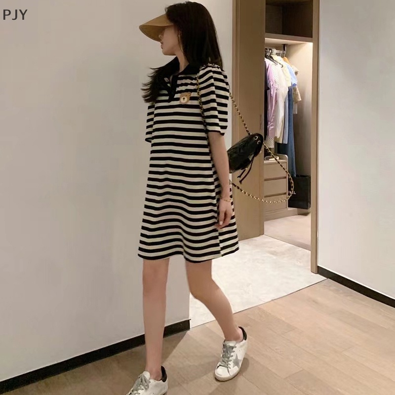 Đầm Ngắn Tay Cổ Bẻ Họa Tiết Kẻ Sọc Thời Trang Mùa Hè Cho Nữ PJ