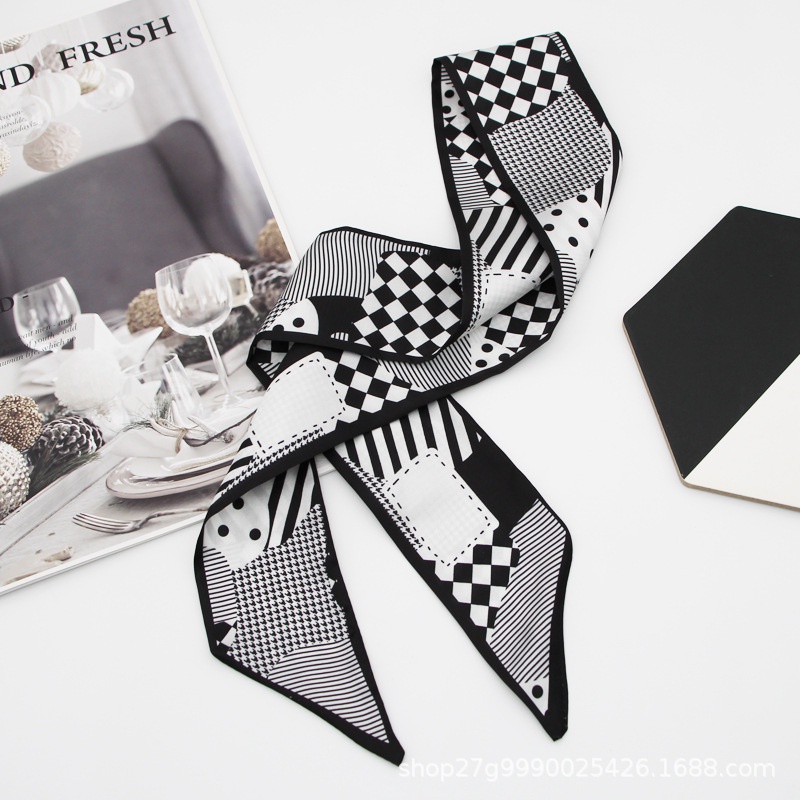 Khăn Quàng Cổ Dài Thắt Nơ Ruy Băng Đen Trắng Bằng Lụa