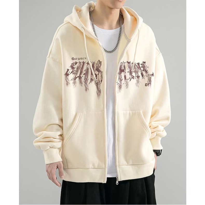 Áo Khoác Hoodie Phối Khóa Kéo In Chữ Kiểu Hàn Quốc Cá Tính