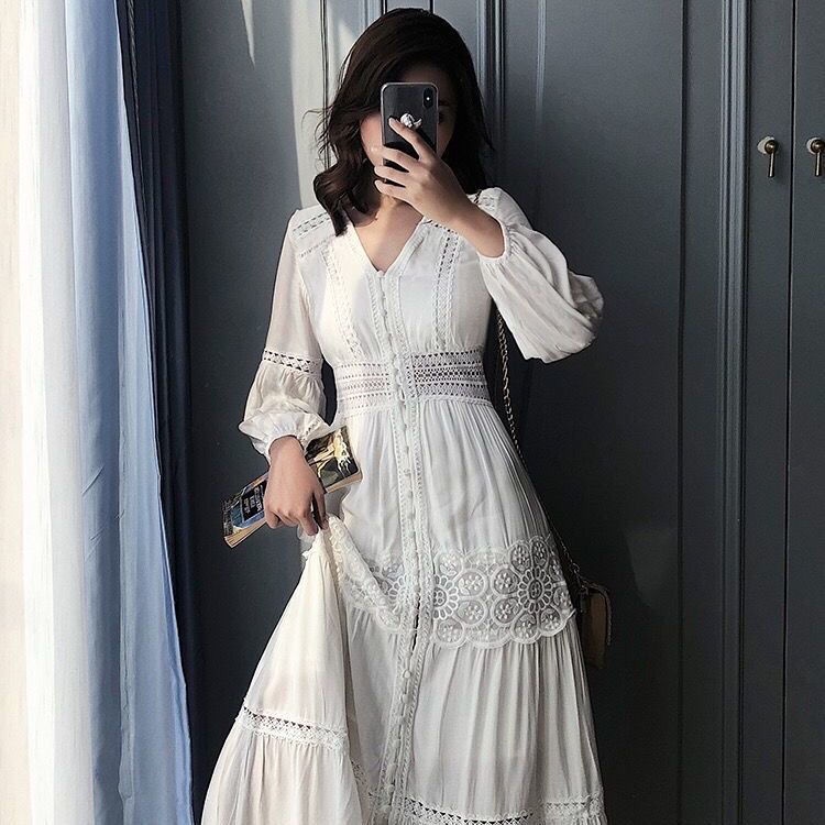 Đầm Trắng Dài Ngang Mắt Cá Chân Eo Cao Tay Dài cotton7.19