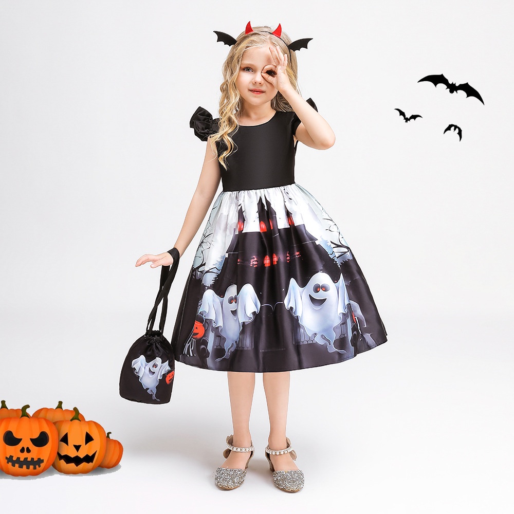 Đầm Hóa Trang Halloween Phối Ren Họa Tiết Bí Ngô Phù Thủy Kèm Túi Đựng Cho Bé Gái