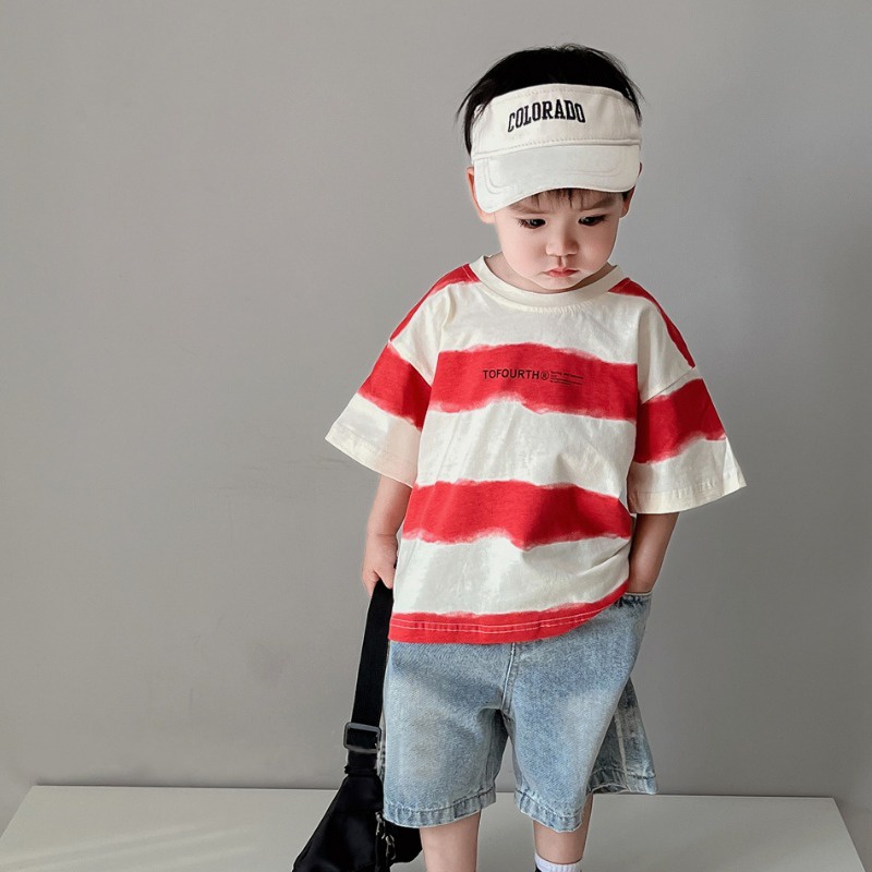 Áo Thun Tay Ngắn Họa Tiết Kẻ Sọc In Chữ Phong Cách Hàn Quốc Thời Trang Mùa Hè Mới Cho Bé Trai Và Gái