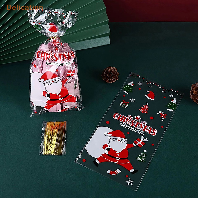 Bộ 50 túi gói kẹo/ bánh quy ELEBUY bằng nhựa trong suốt có dây buộc ruy băng làm quà tặng Giáng sinh