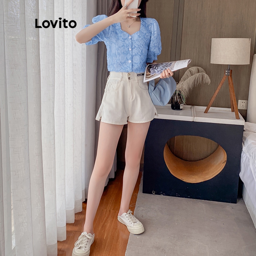 Áo nữ Lovito phối nút trước họa tiết hoa LNE11090