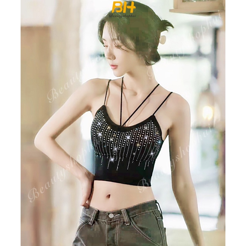 Áo Dây Ngắn Có Đệm Ngực Mẫu Mới 2023 Hình Thác Nước Đính Đá Giả Kim Cương Gợi Cảm Nóng Bỏng Cho Nữ