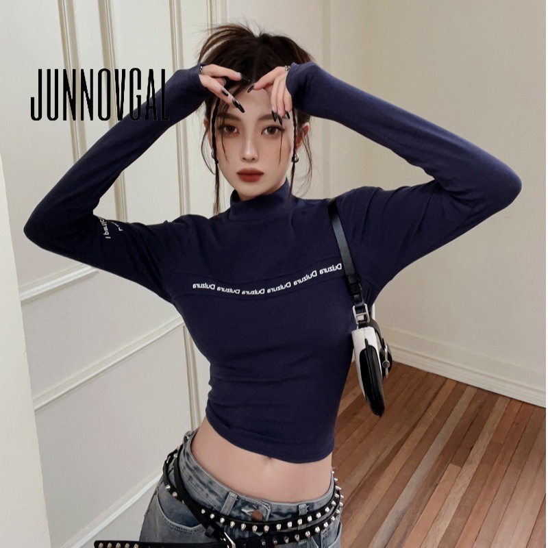 Junnovgal women 2023 thời trang mới gân slim fit semiturtleneck dệt kim đáy áo sơ mi