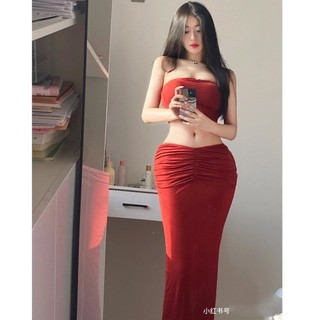Mới Set Áo Ống Ngắn Ôm Ngực + Chân Váy Dài Màu Đỏ Quyến Rũ Cho Nữ