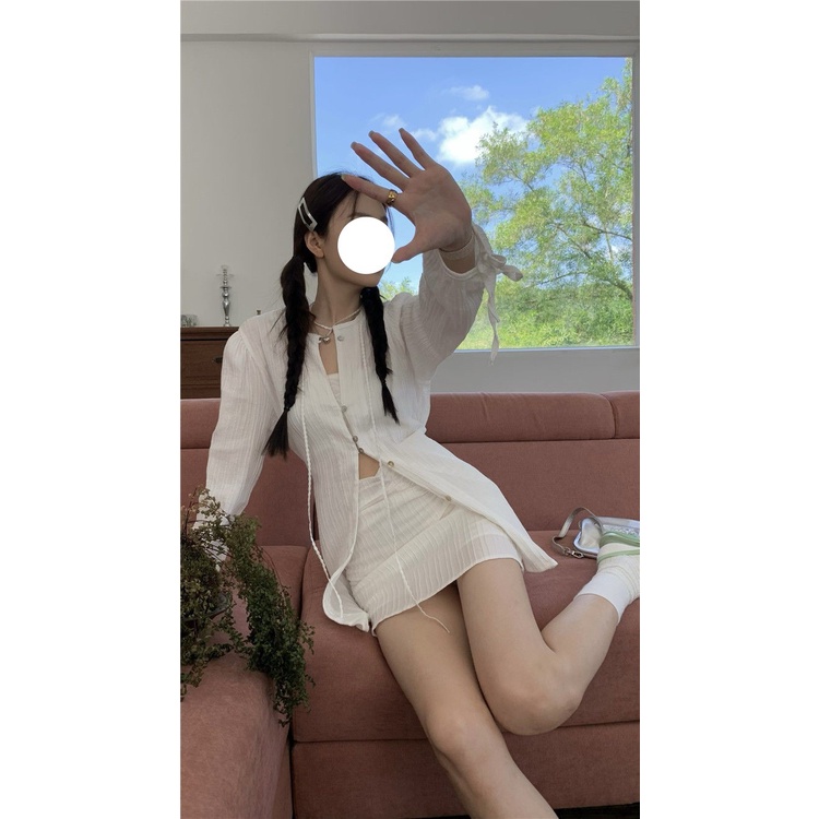 Bộ Áo Sơ Mi Tay Dài Dáng Ôm + Chân Váy Ngắn Lưng Cao Thời Trang Mùa Hè Xinh Xắn Cho Nữ