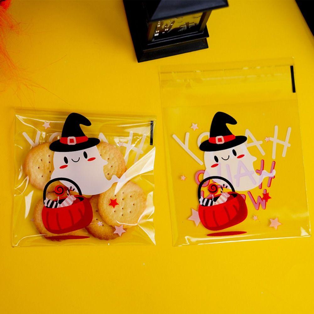 September 100 cái halloween túi kẹo nhựa, bí ngô tự dính halloween túi quà bánh quy, quà tặng trẻ em ma nhựa trong suốt halloween