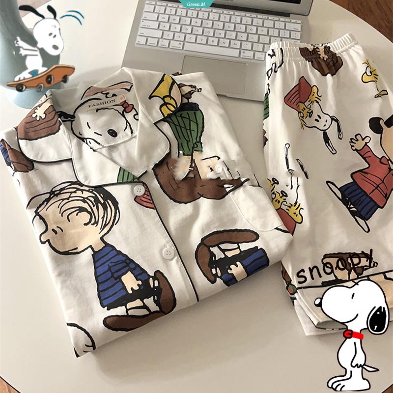 Anime cartoon charlie snoopy pyjama nữ mùa hè mới quần short ngắn tay ngắn mặc nhà bộ đồ hai mảnh [gm]