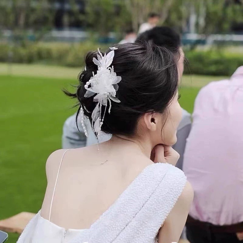 Trâm Cài Tóc Vải Tuyn Trắng Đính Hoa Tua Rua Lãng Mạn Cho Cô Dâu
