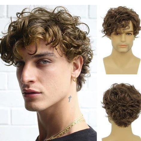 Vụ nổ ở châu âu và mỹ men's Tóc giả xiên tóc giả tóc xoăn ngắn màu nâu tóc giả sợi hóa học.