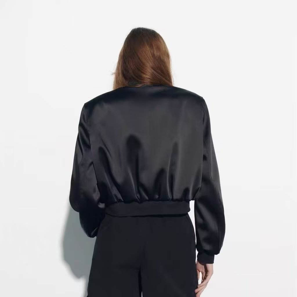 Zara autumn new stand neck silk satin textured short pilot jacket coat 4432771