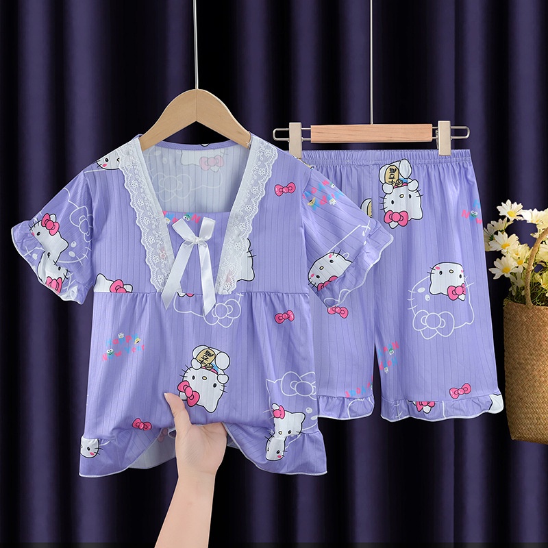 Kuromi Bộ Đồ Ngủ Ngắn Tay Họa Tiết hello kitty Dễ Thương Dành Cho Bé Gái