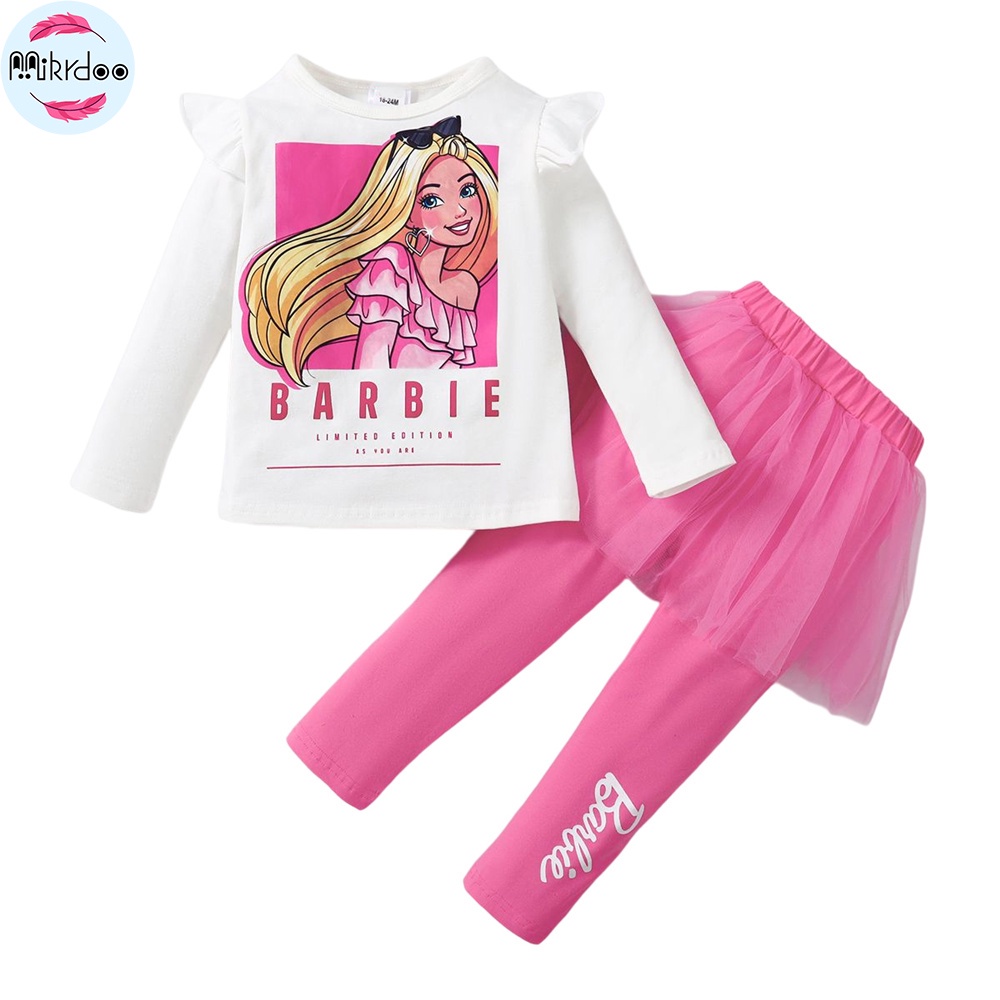 1-6years kids baby girl barbie bộ quần áo mẫu barbie in áo dài tay + váy pant mùa thu trang phục 2 cái đáng yêu