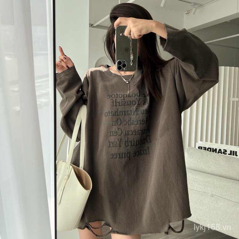 Áo sơ mi oversize  thời trang rộng thùng thình plus size t áo sơ mi dài tay mỏng đa năng chữ in oversize t-shirt big size top shirt bm1f