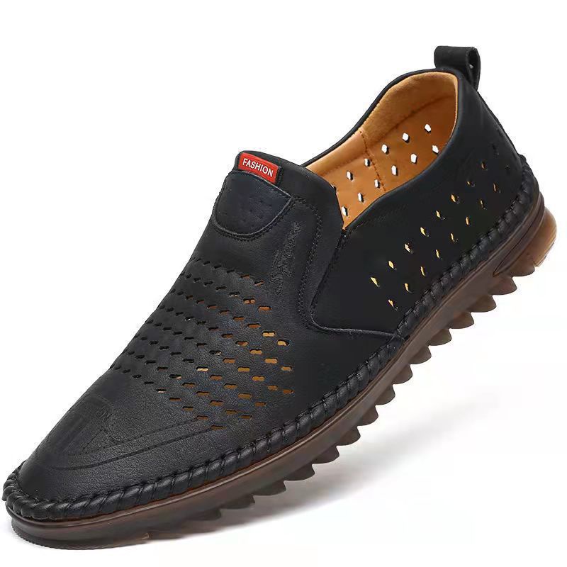 Giày Sandal da Mềm Đục Lỗ Thoáng Khí Cho Đàn Ông Trung Niên