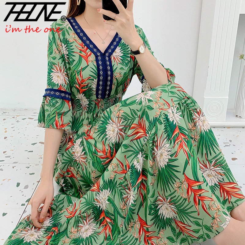 Thhone váy mới phụ nữ boho lỏng lẻo phong cách hàn quốc maxi v-cổ bông bãi biển du lịch giản dị cổ điển hoa vestidos áo choàng