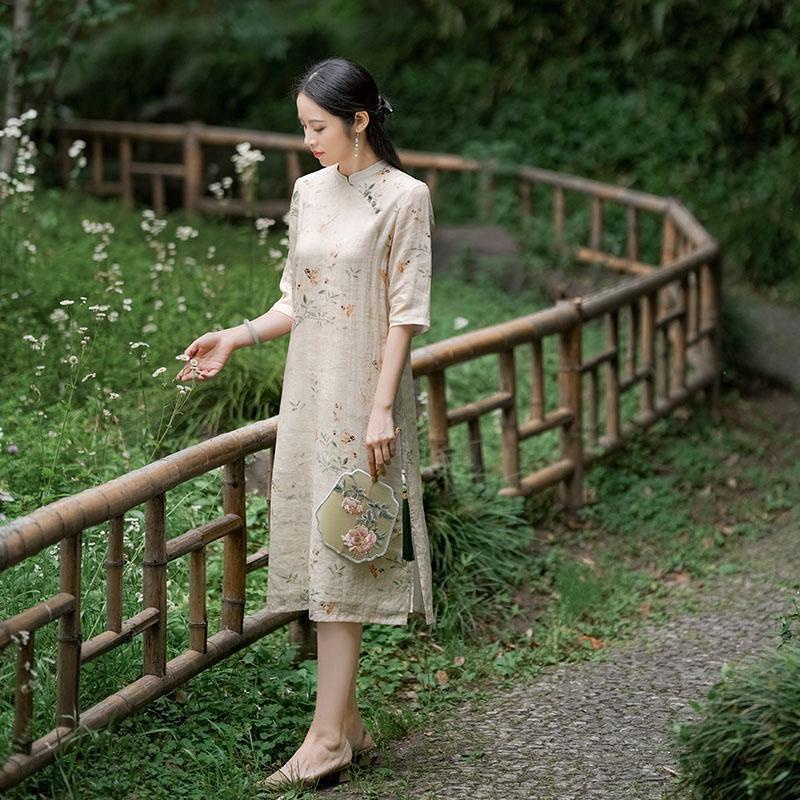 Ice cotton linen phong cách trung quốc mới ramie cải tiến váy sườn xám nữ mùa hè retro tính khí nhẹ nhàng đứng cổ áo cotton linen váy