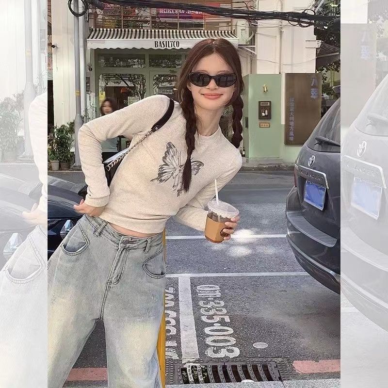 Áo Thun Tay Dài Màu Xám In Hình Bướm Thời Trang Xuân Thu Cho Nữ