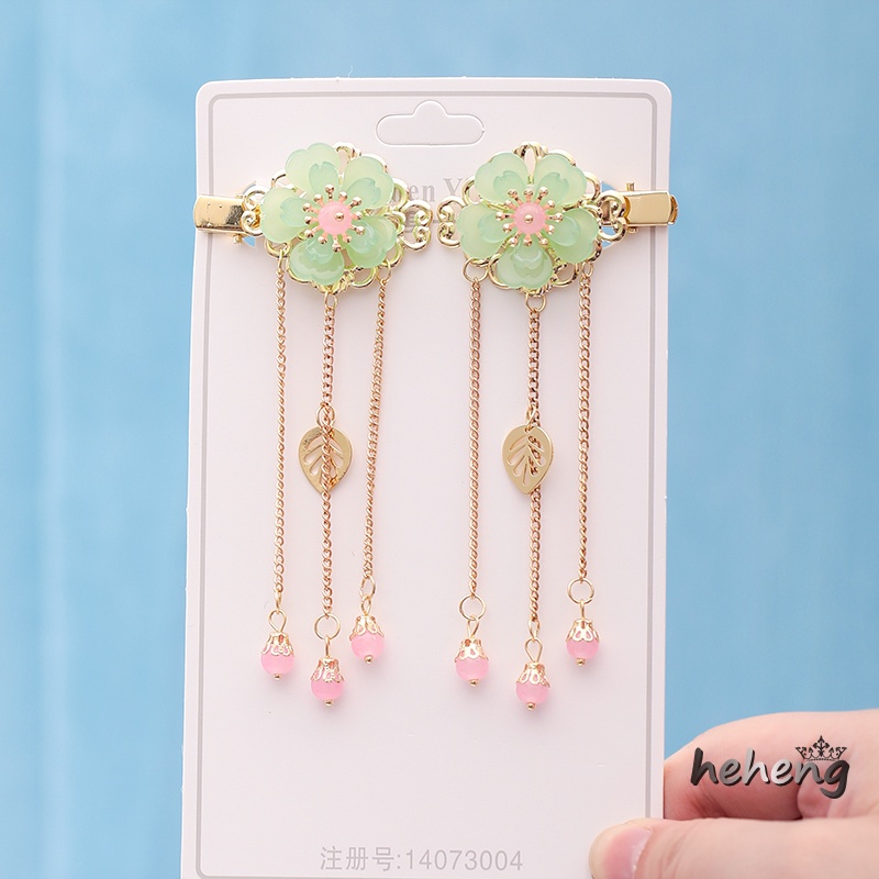 Cổ điển màu xanh lá cây hoa vàng lá tua mặt dây chuyền kẹp tóc hanfu kẹp tóc truyền thống trung quốc phụ kiện tóc cô gái tươi