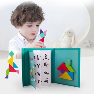 Magnetic tangram puzzle magnetic questions books educational toys for kids jigsaw tangram game toy gift brain tease
