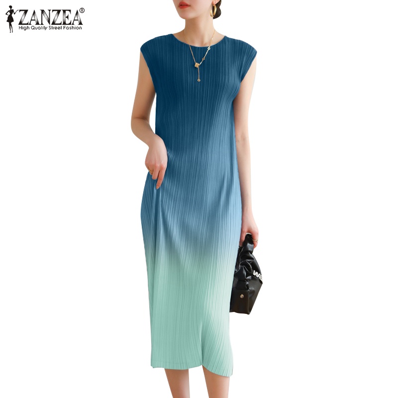 Đầm ZANZEA không tay cổ tròn xếp ly phong cách Hàn Quốc thời trang dành cho nữ