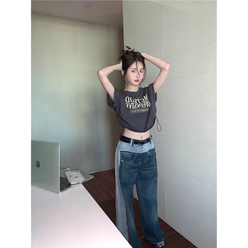 GgFashion Áo Thun Nữ Cổ Tròn In Hoa Văn, Tay Ngắn, Phong Cách Cổ Điển Và Thoải Mái, Dây Rút Phía Bên