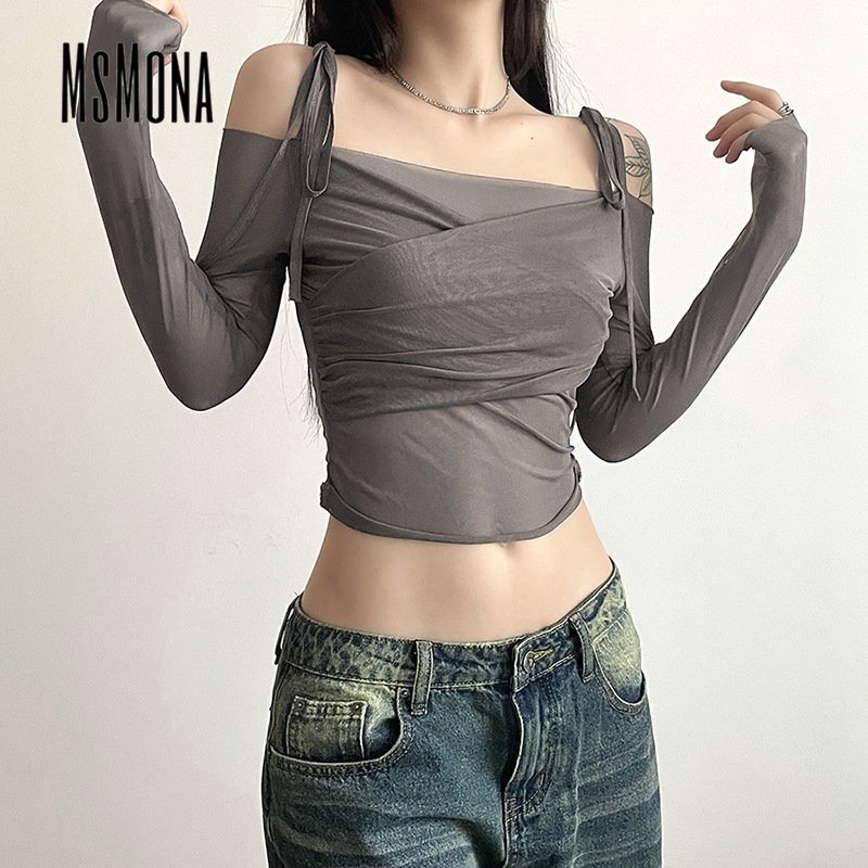 Áo Thun Tay Dài Dáng Ôm Hở Vai Màu Trơn Thời Trang 2023 Dành Cho Bạn Nữ