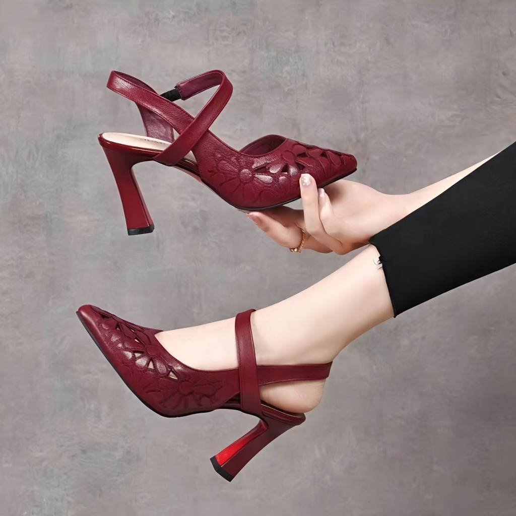 Da thật chính hãng gót dày thêu toe-covered sandals nữ mùa hè phong cách mới one-line strap all-match giày đơn thời trang