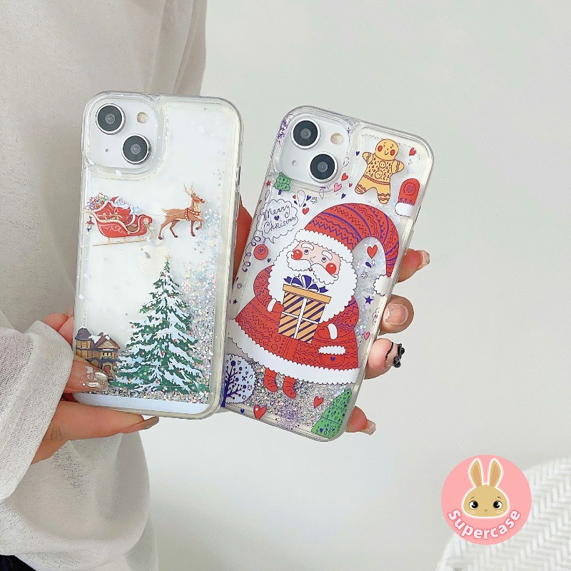 Bling christmas quicksand phone case for iphone 14 pro max 14 plus 13 pro max glitter christmas tree soft cover chống sốc santa claus phone case sleigh elk cover