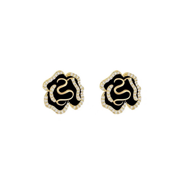 Khuyên Tai Hoa Trà Đen Đính Đá Cao Cấp Phong Cách Hàn Quốc