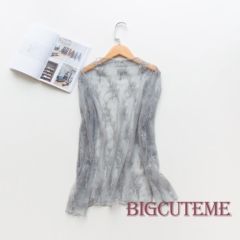 [] Áo Thun Dáng Rộng Cổ Cao Xuyên Thấu Tay Dài Phối Ren Hoa Cơ Bản Dành Cho Bạn Nữ