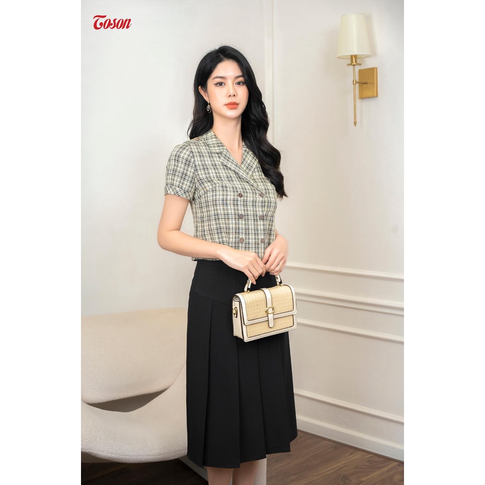 Áo sơmi kẻ thô đũi, cổ K, cài 2 hàng khuy Toson 13036K93