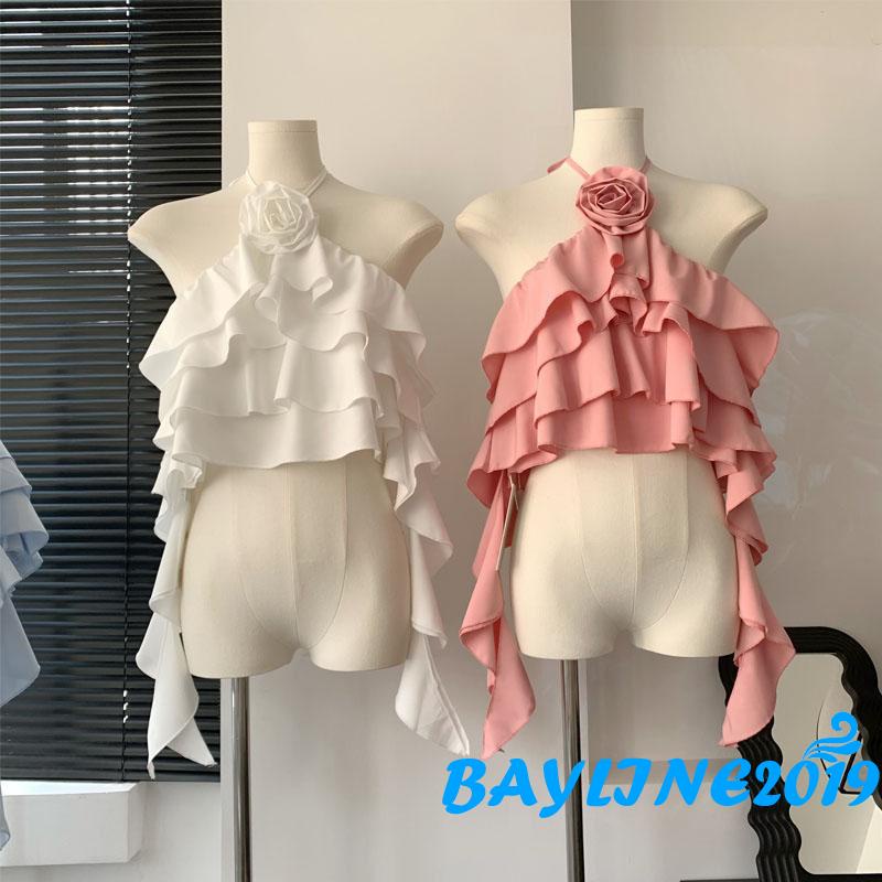 Áo Croptop Hai Dây Hở Lưng 3D Màu Hoa Hồng Dành Cho Nữ