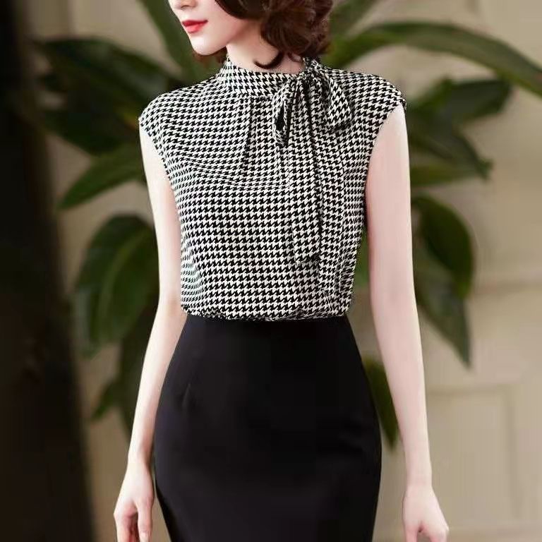 Áo Sơ Mi Chiffon Tay Ngắn Thắt Nơ Họa Tiết Kẻ Ô N530 Mới Cho Nữ