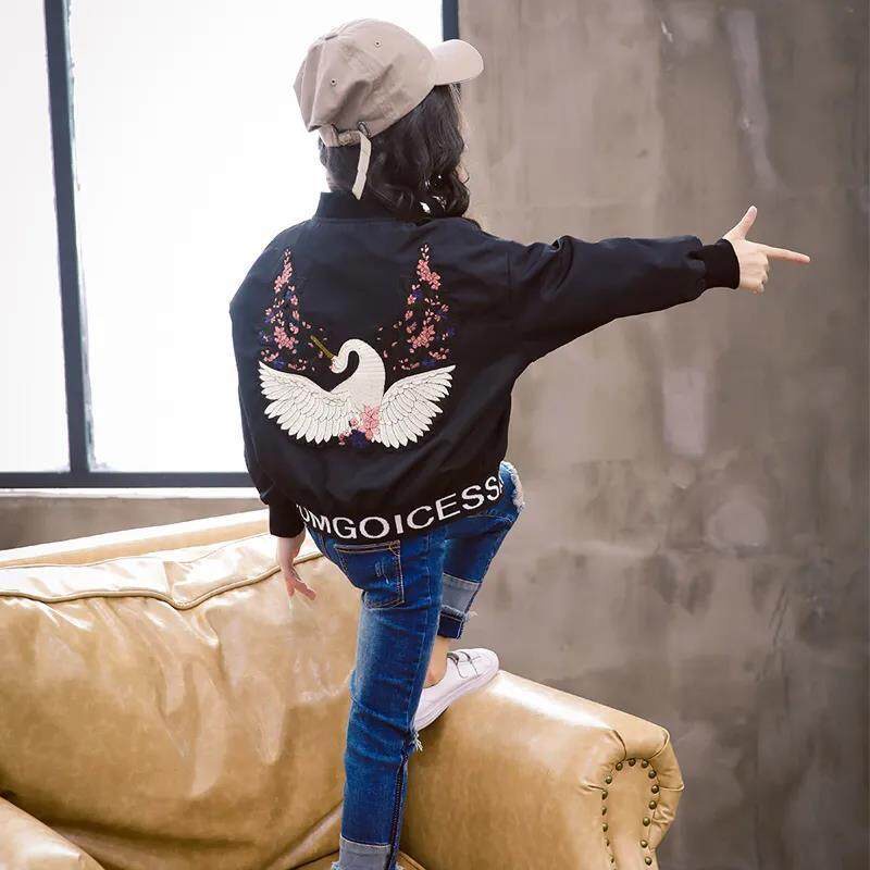 Áo Khoác 110-160cm Khóa Kéo Thêu Họa Tiết Thiên Nga Cho Bé Gái 2-14 Tuổi