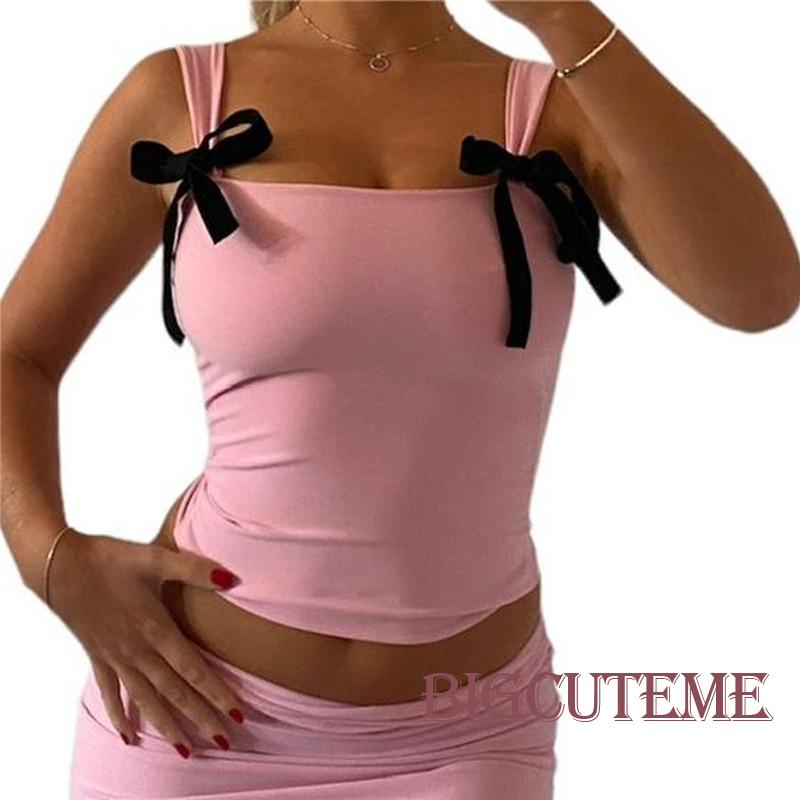 [] - Áo Tank Top Thắt Nơ Dễ Thương Mỏng Vừa Vặn Phong Cách Retro Đường Phố Hàn Quốc Y2k