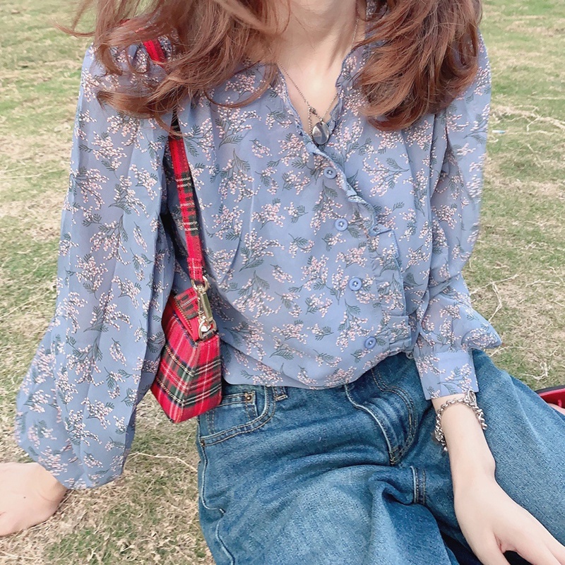 IELGY  Áo Kiểu Tay Dài Phồng In Họa Tiết Hoa Phong Cách Hàn Quốc Thời Trang Cho Nữ