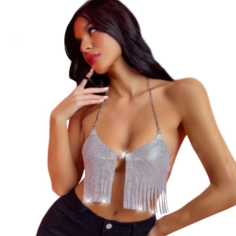 Oneri Áo Croptop Dây Xích Kim Loại Hở Lưng Phối Tua Rua Dự Tiệc Đêm