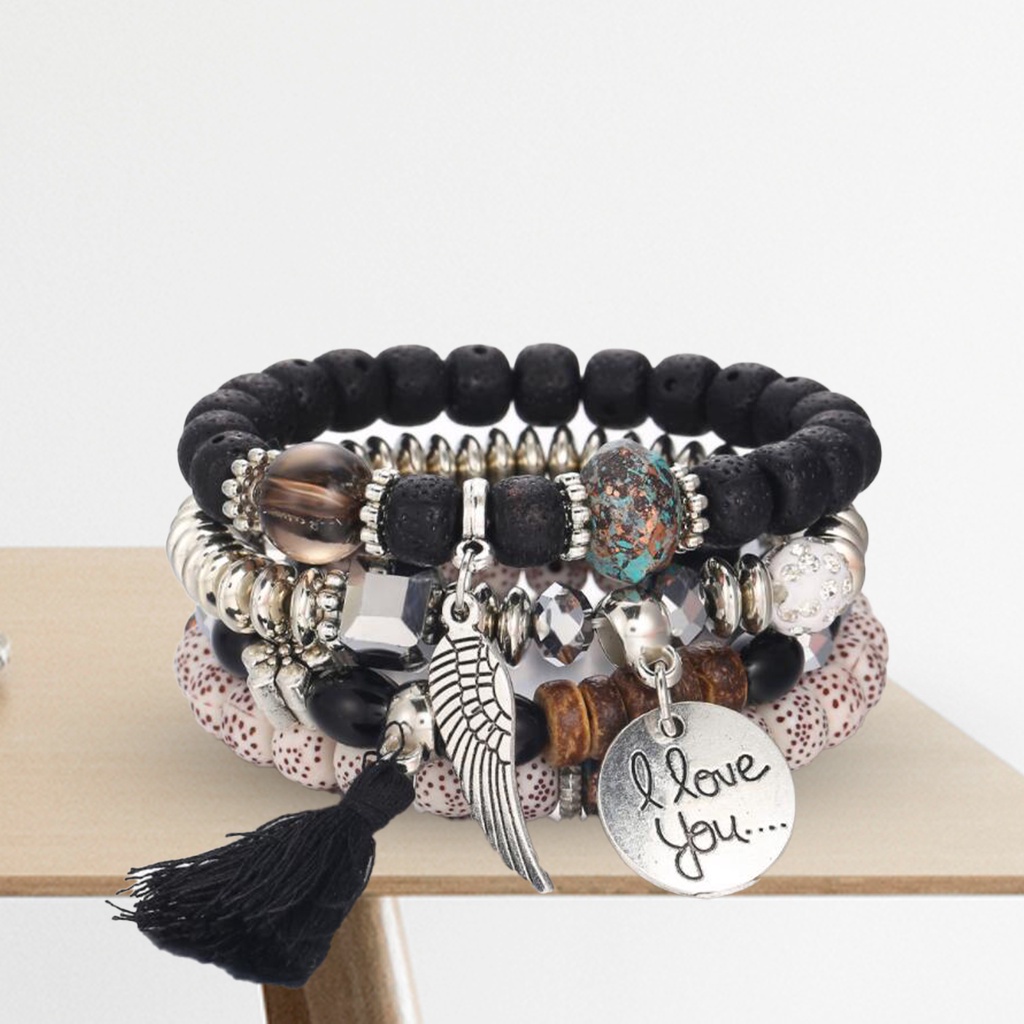 Set 4 Vòng Tay Chuỗi Hạt Nhiều Lớp Phong Cách Bohemian Cho Nữ