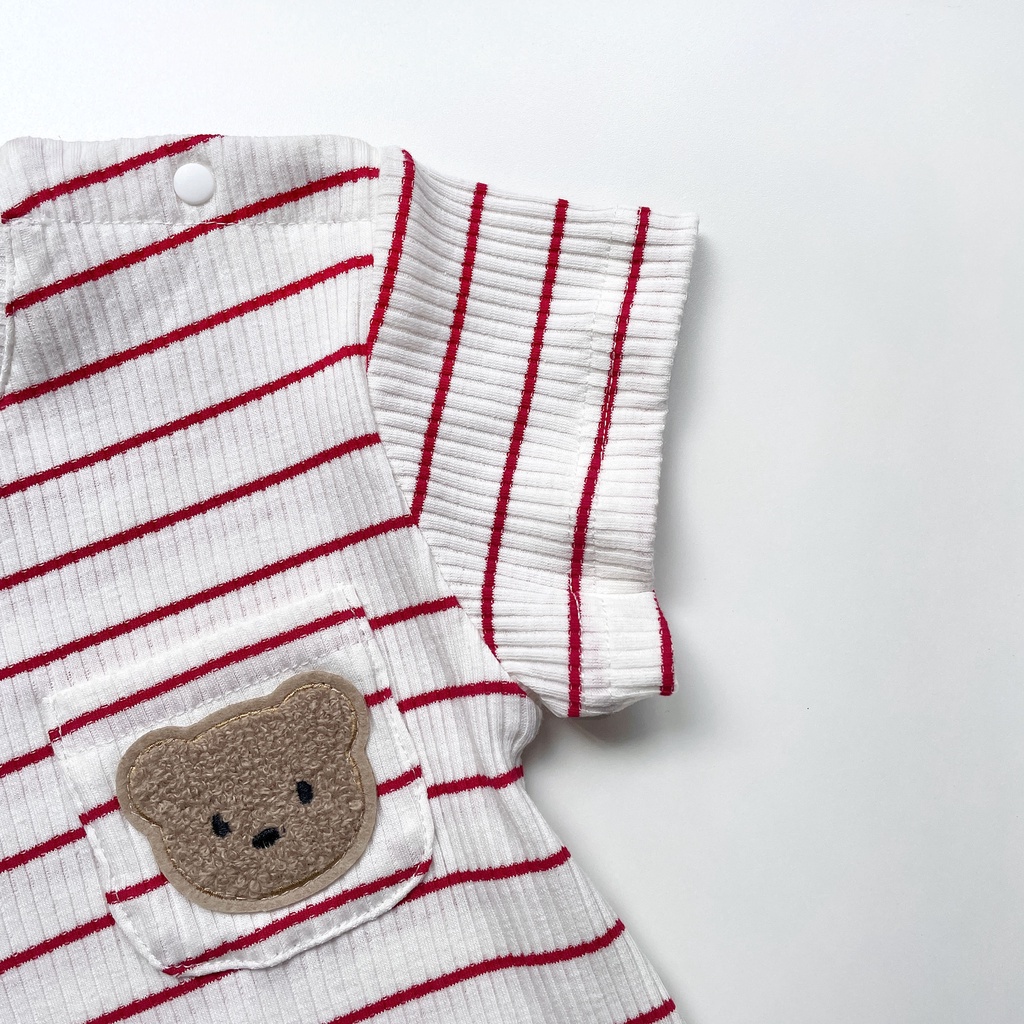 Bộ Áo Liền Quần Tay Ngắn Chất Liệu Cotton Họa Tiết Kẻ Sọc / Chú Gấu Dễ Thương Cho Bé Từ 0-2 Tuổi