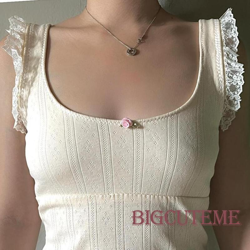 Áo Crop Top Y2K Phối Ren Màu Trắng Sữa Phong Cách Vintage Thập Niên 90 Dễ Thương