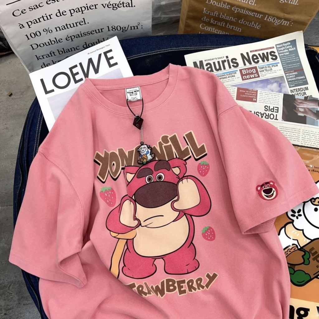 Áo Thun Tay Ngắn Dáng Rộng In Hình Gấu Và Dâu Tây Phong Cách Retro Mỹ Thời Trang Xuân Hè 2023 Cho Nữ FT5037