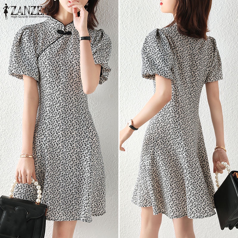 ZANZEA Đầm Ngắn Tay Cổ Đứng Cài Nút In Họa Tiết Retro Thời Trang Cho Nữ