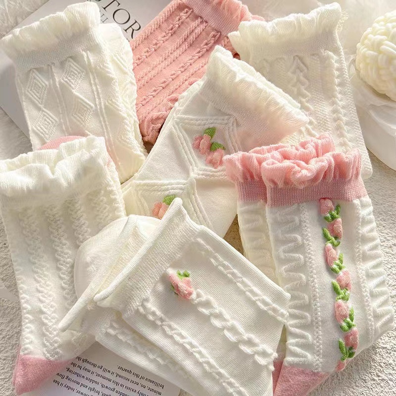 Bộ 5 Đôi Tất Cotton Phối Ren Xinh Xắn Theo Phong Cách Lolita Dành Cho Nữ