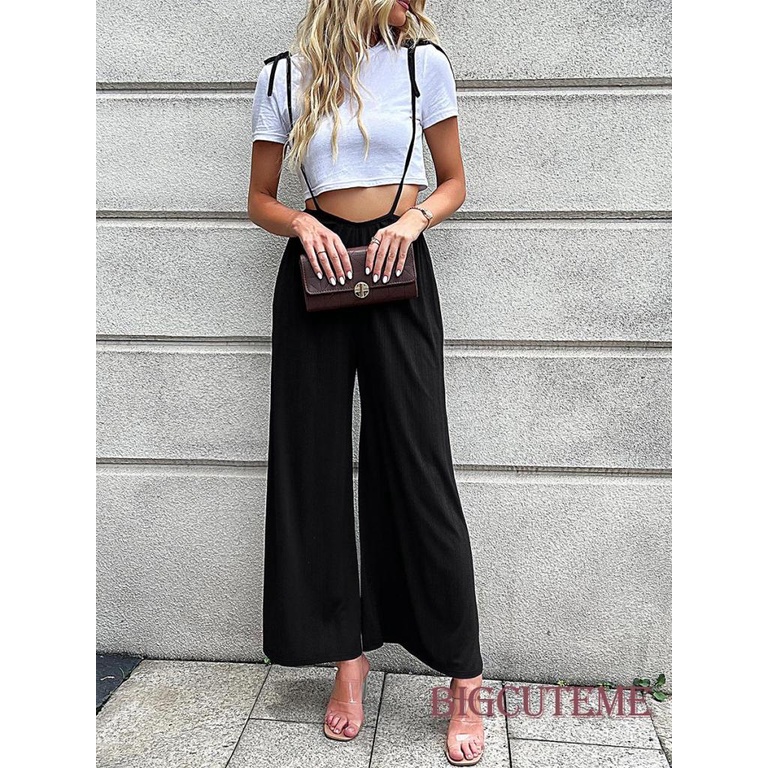 [] Quần Yếm Dài Ống Rộng Lưng Cao Không Tay Màu Đen Giản Dị Dành Cho Nữ