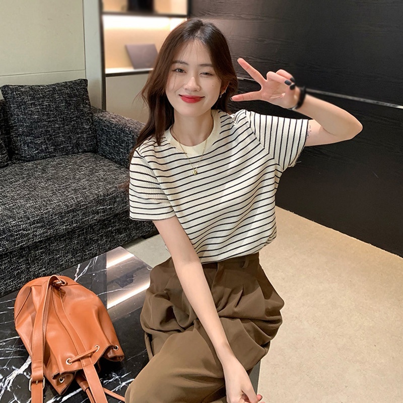 Áo Thun Cotton Tay Ngắn Dáng Rộng Họa Tiết Kẻ Sọc Phong Cách Hàn Quốc Thời Trang Cho Nữ